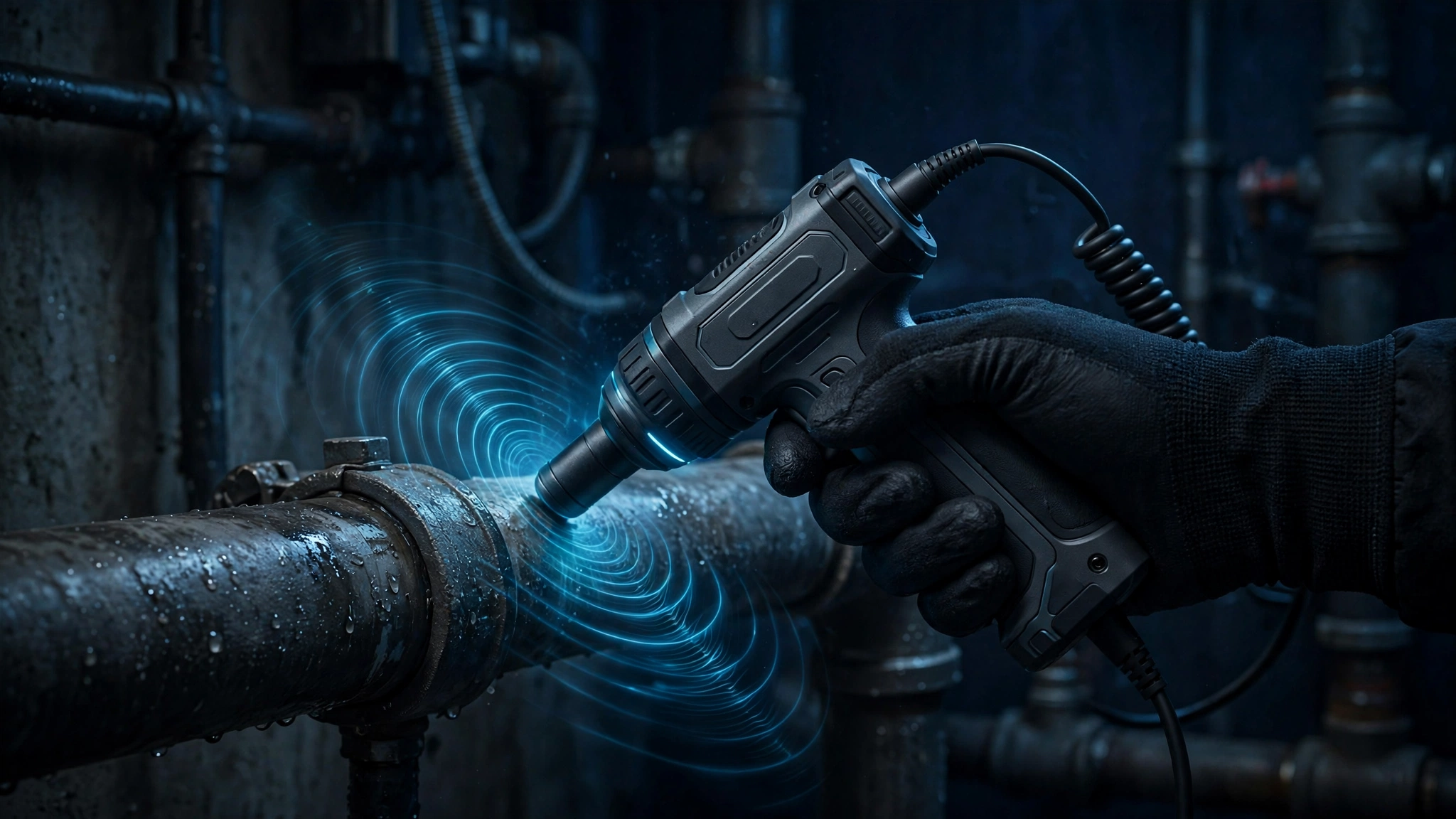 Technician using acoustic listening equipment to locate a hidden leak