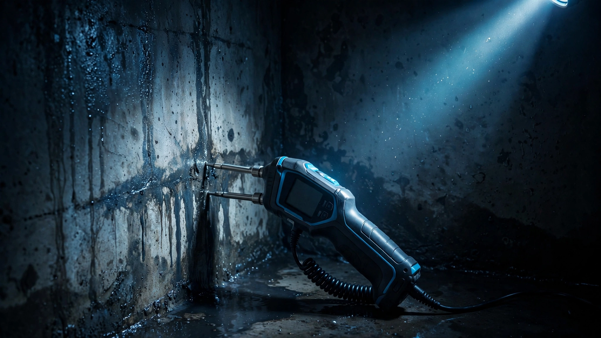 Technician using a moisture meter on a damp basement concrete wall with flashlight beam