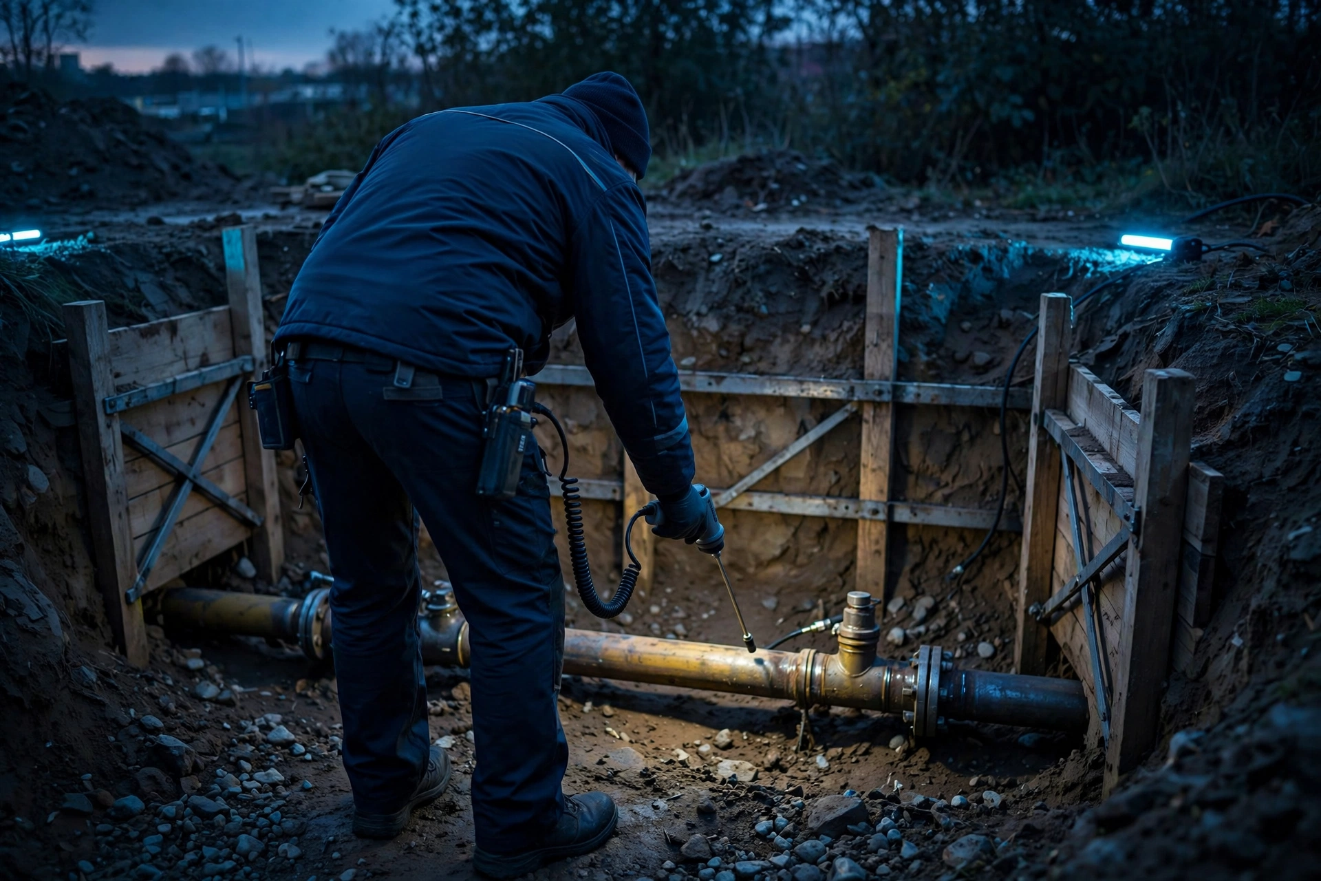 Technician using a combustible gas sniffer wand near an underground gas line in a trench at dusk