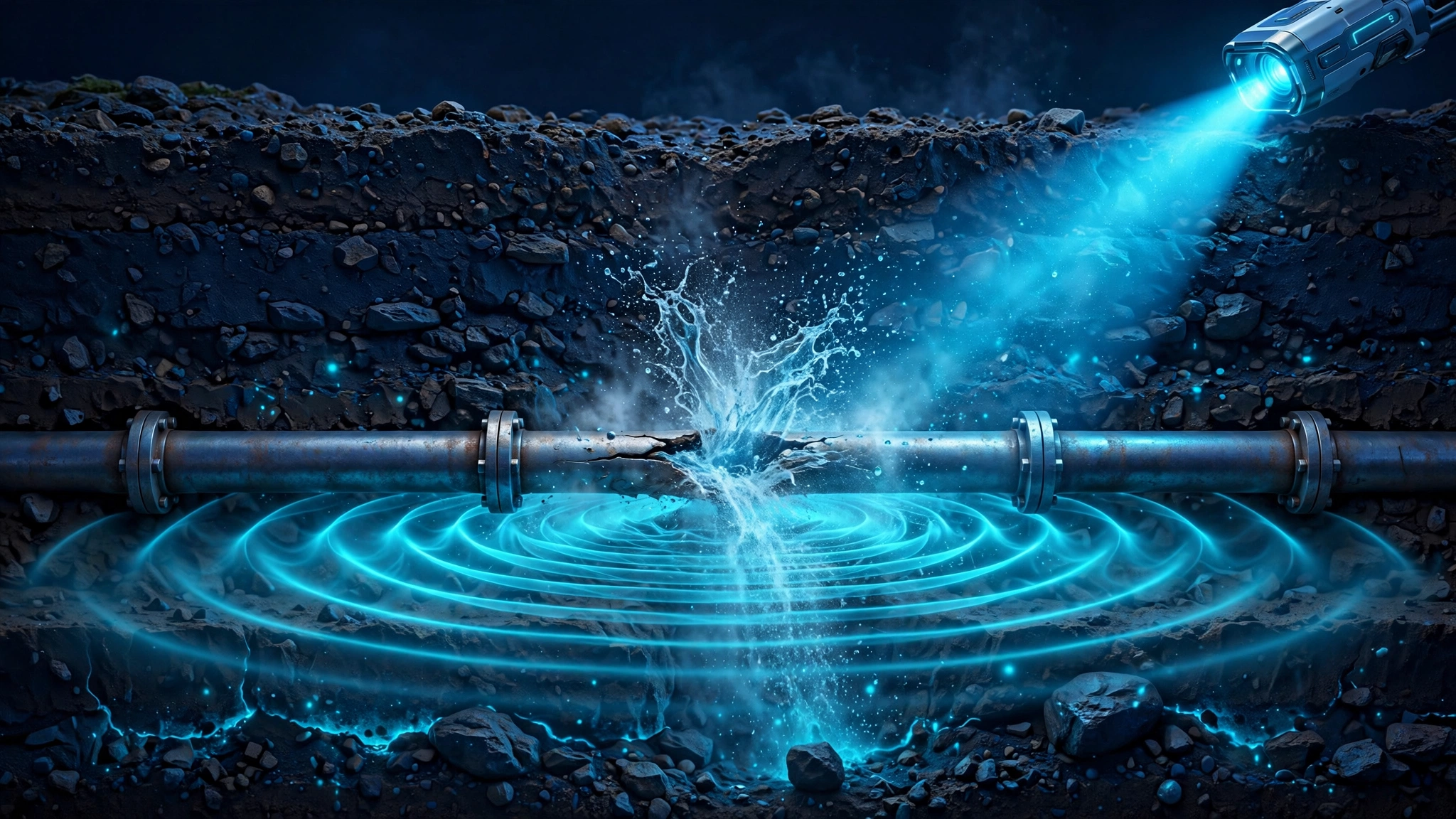 Underground pipe cross-section with a hidden leak being located by acoustic waves and scanner