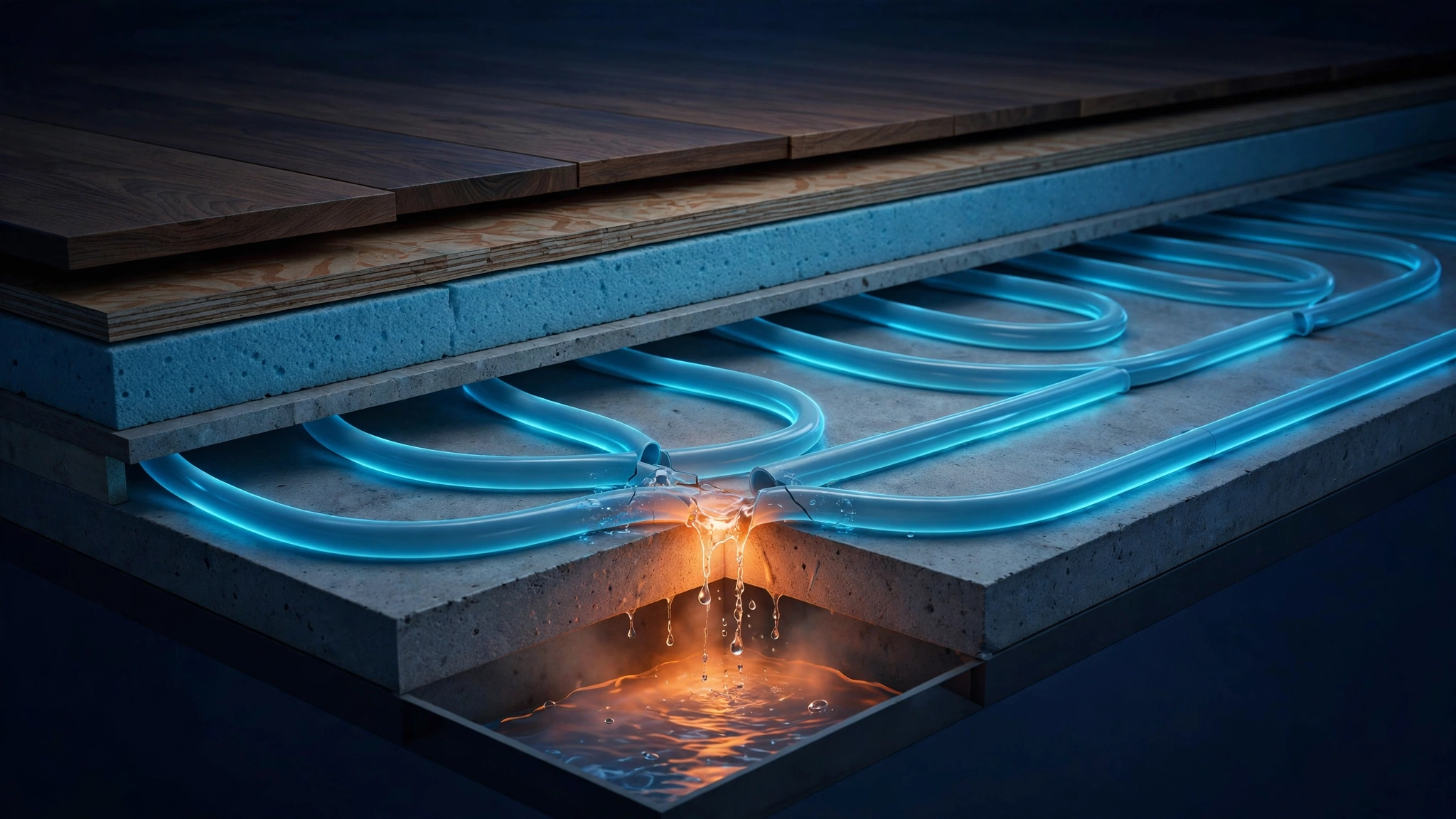 Radiant floor heating pipes under a floor cutaway with a glowing leak point