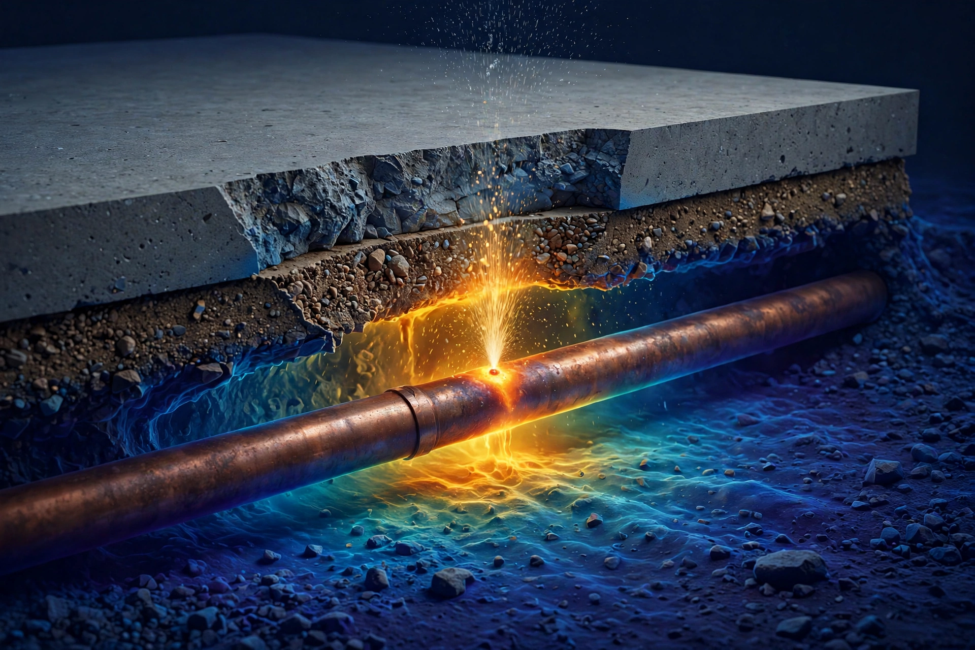 Concrete slab cutaway showing a copper pipe with a pinhole leak glowing under thermal imaging